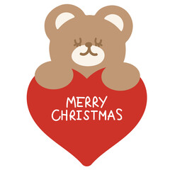 Christmas and New Year illustration of teddy bear with red heart and MERR CHRISTMAS letters for festive decoration, winter sticker, animal, zoo, souvenir, card print, font, typography, campaign badge