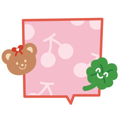 Illustration of text bubble with teddy bear, clover leaf on cherry pattern pink background for cartoon, dialogue, chatting, text, message, masking tape, conversation, communications, sticker, animal