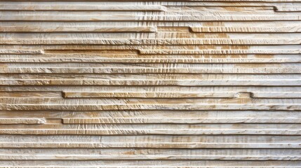Image shows a textured, warm wall made of striped wooden boards. Some are bent, stacked randomly. Drip stains hint at outdoor placement.