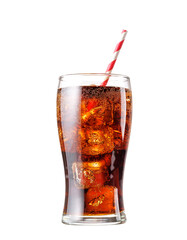 Cola with ice in glass isolated on white