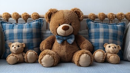 a teddy bear sitting on a bed. 