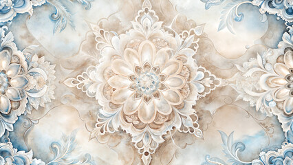 Delicate watercolor floral ornament with intricate design and soft blue and beige tones