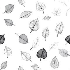 A stylish pattern of hand-drawn leaves in black and white, perfect for backgrounds, fabrics, or creative designs.