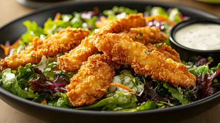 Fototapeta premium A visual of a colorful salad topped with crispy chicken strips and a side of ranch dressing.