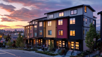 Naklejka premium An elegant townhouse with multi-hued James Hardie siding, nestled in a bustling cityscape at twilight, reflecting urban chic and resilience against city elements