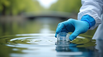 Water Quality Testing,  Hand in Blue Gloves Holding a Container in Water