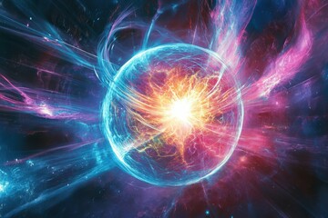 Fototapeta premium Sci-fi inspired scene of an asteroid belt with a planet and its rings visible in the background under a soft yellow glow in space. Beautiful simple AI generated image