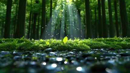 A serene forest clearing with a small stream and dappled sunlight filtering through the trees