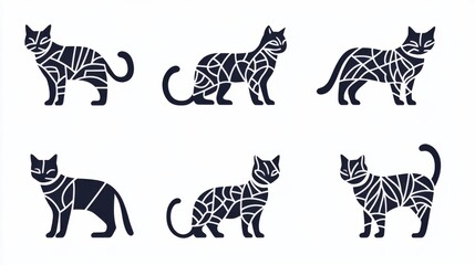 Various Bengal cat silhouettes are artistically arranged against a white backdrop, featuring intricate dark patterns that showcase the elegance of this breed, combining nature with creative artistry.