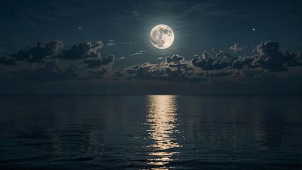 Serene full moon with ethereal glow reflecting on calm water surface against cloudy night sky
