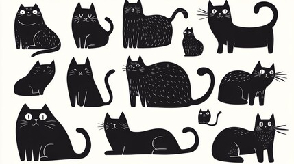 In a delightful display, a variety of fluffy black cats sit and play together, captured in a linocut style. Each cat showcases its own personality, adding charm to the piece. © Svyatoslav Lypynskyy
