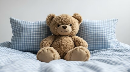 a teddy bear on a bed. 
