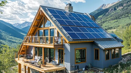 An off-the-grid mountain home with energy-efficient James Hardie siding, featuring solar panels and rainwater collection systems, designed to blend seamlessly into the natural alpine surroundings