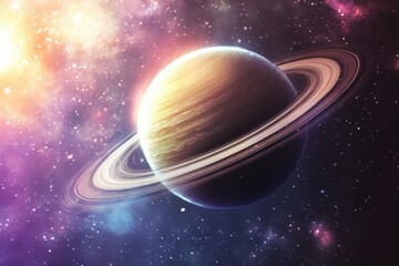 Sci-fi inspired scene of an asteroid belt with a planet and its rings visible in the background under a soft yellow glow in space. Beautiful simple AI generated image