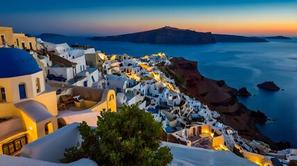 Fototapeta premium Santorini Greece – Blue Domes and Aegean Sea at Sunset