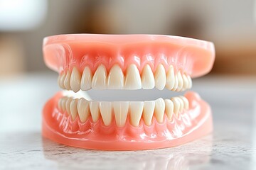 Realistic dental model displayed on a countertop in a clinic, dental clinic advertising, oral health advert, dentist advertise