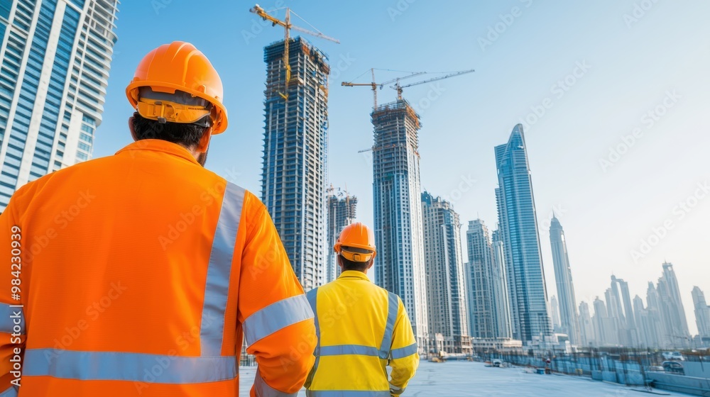 Wall mural two men in orange and yellow safety gear are walking on a construction site