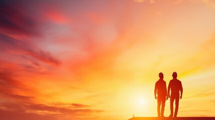 Obraz premium Two men standing on a rooftop at sunset