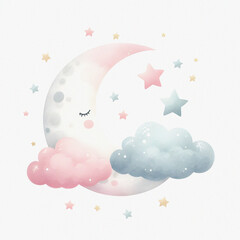 Watercolor illustration of cute moon with cloud and stars. Nursery concept. Children's room.
