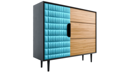 Modern wooden cabinet featuring a blue and gold design