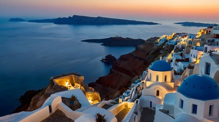Panorama of Santorini &ndash; Sunset Over Blue Domes and Aegean Sea