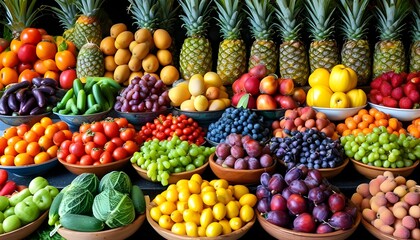 Vibrant arrangement of colorful fruits and vegetables displayed in bowls on a counter, highlighting diverse textures and hues