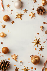 Christmas decorations frame with copy space. Gold and white festive elements