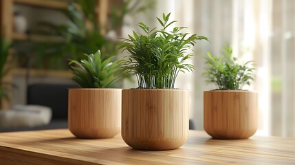 Fototapeta premium Three potted plants on a wooden table.