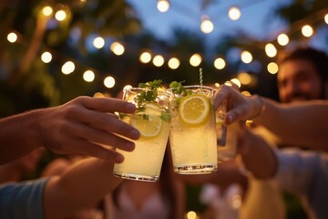 A lively scene of friends toasting with glasses of lemon-infused drinks at a festive outdoor