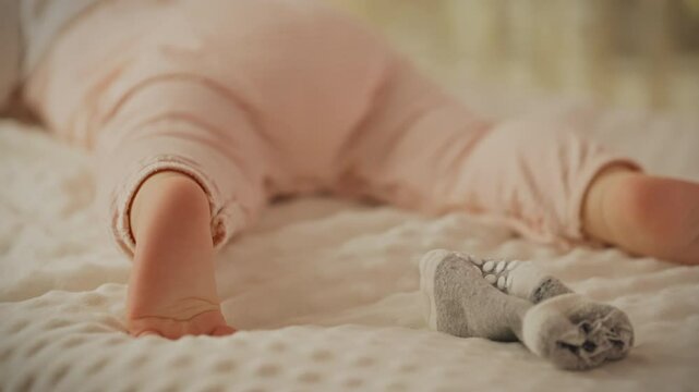The baby lies on his stomach and kicks his legs, showing playfulness and a good mood. While playing, the child moves his legs, creating a joyful and cheerful atmosphere in the children's room