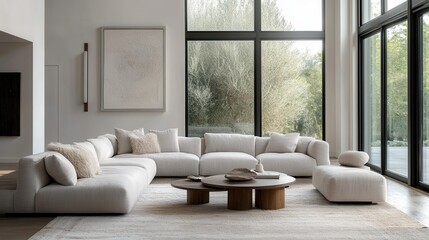 A luxurious, contemporary living room featuring a light gray sectional sofa and minimalist decor