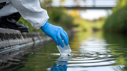 Hand in Blue Gloves Collecting Water Sample