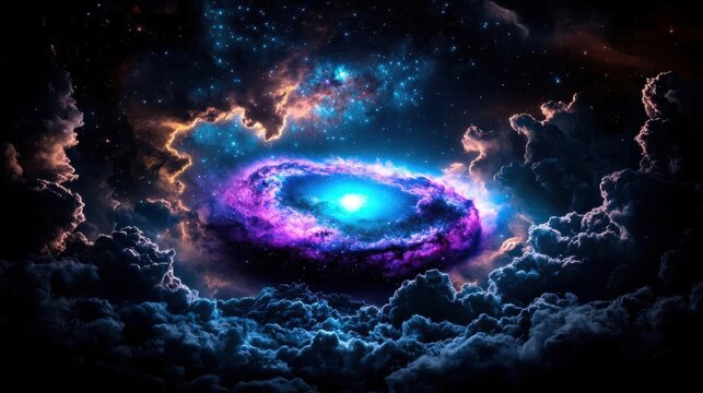 A celestial landscape featuring a swirling nebula and distant galaxies, rendered in photo-realistic 12k