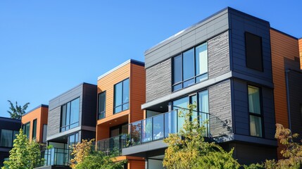 Obraz premium An urban townhouse with multi-textured James Hardie siding, integrating seamlessly with modern glass and steel elements, under a clear blue sky