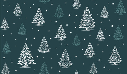 Obraz premium Christmas pattern with tree on blue, hand drawn illustrations 