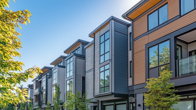An urban townhouse with multi-textured James Hardie siding, integrating seamlessly with modern glass and steel elements, under a clear blue sky