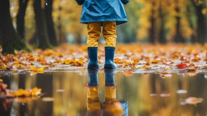 A child in rubber boots walks through an autumn park