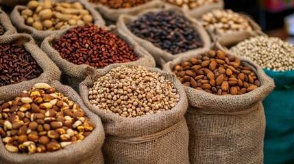 Obraz premium Assorted Nuts and Seeds in Burlap Bags at Market