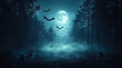 A dark and eerie night scene featuring bats flying across a full moon and black cats lurking around a haunted forest