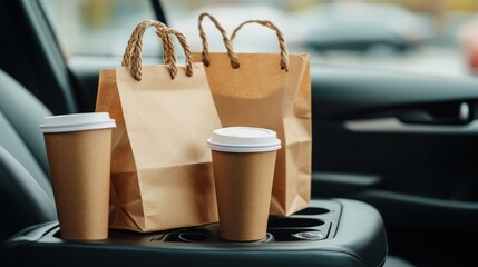 Brown paper bags and coffee neatly displayed on car seat