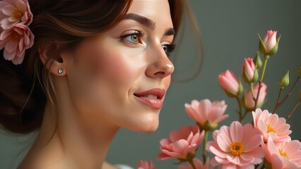 Fototapeta premium Woman with flowers with free space right. Happy International Women's Day, Mother's day, birthday card