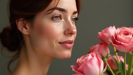 Naklejka premium Woman with flowers with free space right. Happy International Women's Day, Mother's day, birthday card
