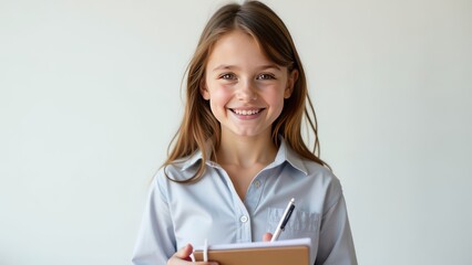Obraz premium photo of a smiling girl with loose hair dressed in a shirt with a notepad and pen in her hands on a white background