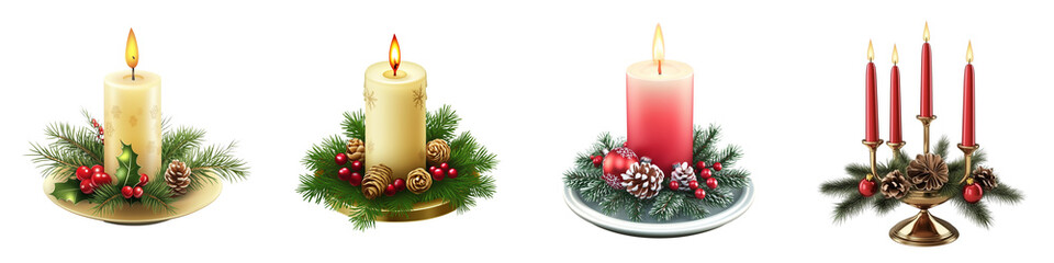 Set of a Christmas candle holder, isolated on a transparent background.