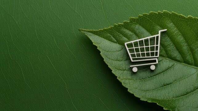 Minimal shopping cart icon imprinted on a green leaf, symbolizing mindful buying and ethical consumerism