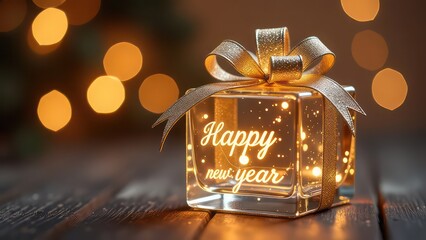 Transparent glass Christmas gift with glass bow, golden glowing text &ldquo;marry me?&rdquo;, festive golden bokeh background
