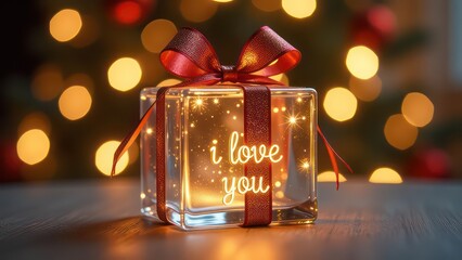 Transparent glass Christmas gift with glass bow, golden glowing text &ldquo;i love you&rdquo;, festive golden bokeh background