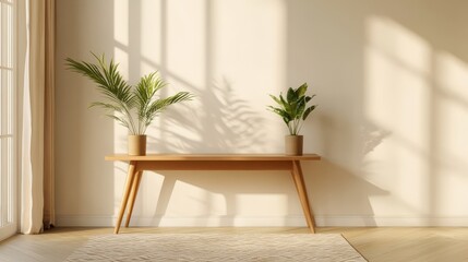 A minimalist entryway with a low, sleek wooden console table and a potted plant