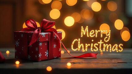 Christmas gift with bow, golden glowing text Merry Christmas, festive golden bokeh background