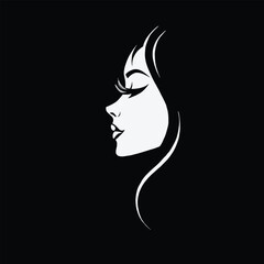 Vector graphic of the side profile of an elegant woman's face, with long hair, in white on a black background